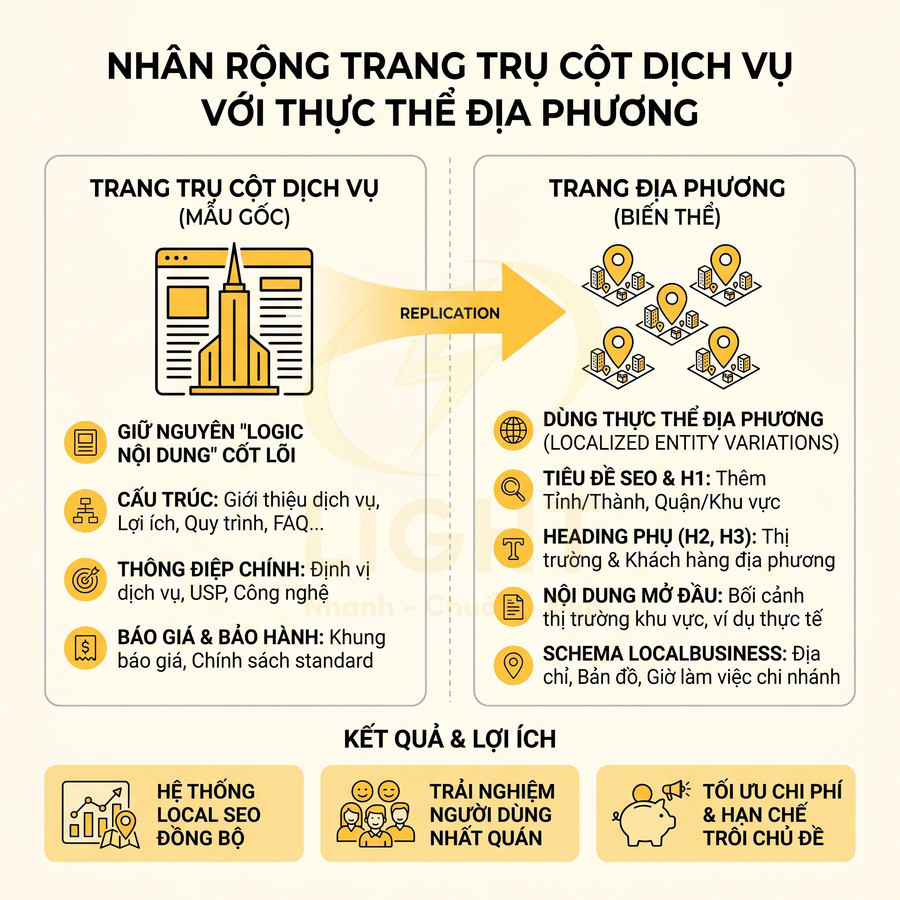 Infographic hướng dẫn nhân rộng trang trụ cột dịch vụ với thực thể địa phương để tối ưu Local SEO và trải nghiệm người dùng