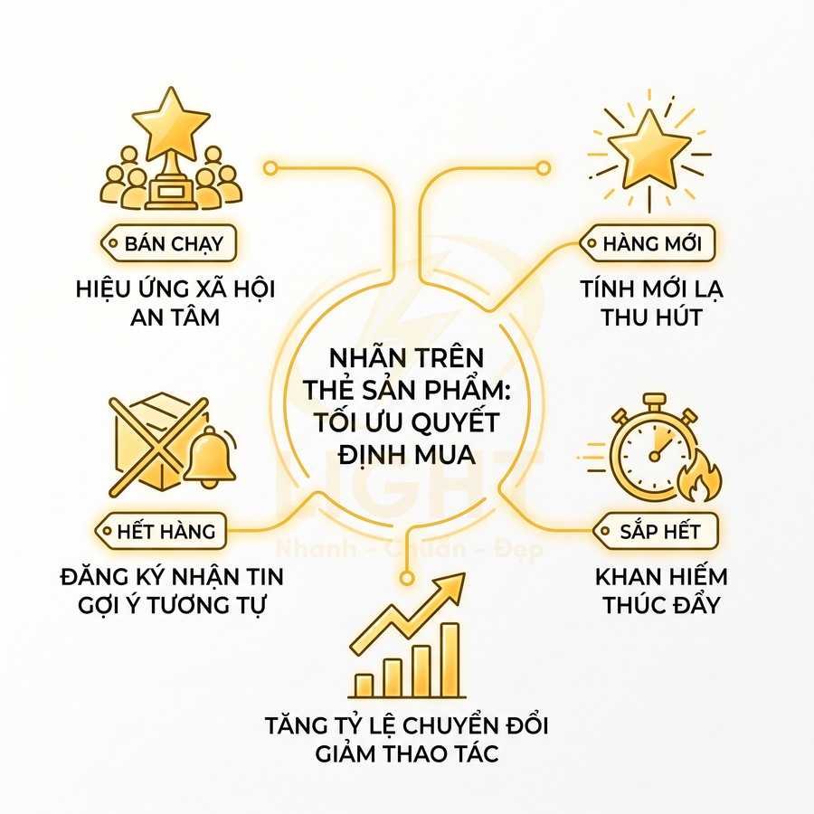 Mẫu thiết kế nhãn trên thẻ sản phẩm với các biểu tượng bán chạy, hàng mới, sắp hết và hết hàng tối ưu quyết định mua