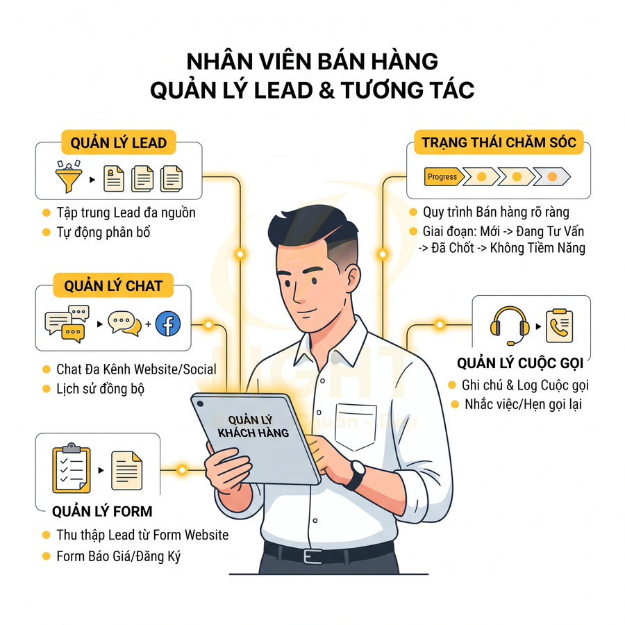 Nhân viên bán hàng dùng máy tính bảng quản lý khách hàng, lead, chat, form, cuộc gọi và trạng thái chăm sóc