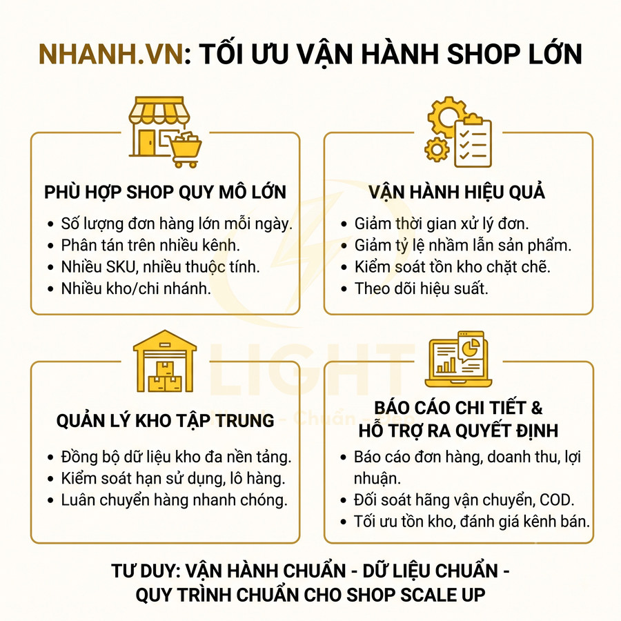 Infographic Nhanh.vn giới thiệu giải pháp tối ưu vận hành, quản lý kho và báo cáo cho shop bán hàng quy mô lớn