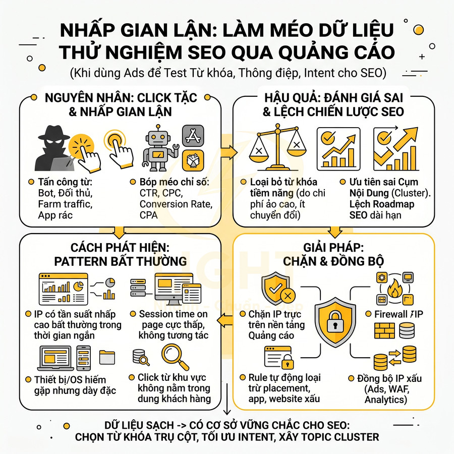 Infographic tiếng Việt về nhấp gian lận quảng cáo ảnh hưởng dữ liệu thử nghiệm SEO và cách phát hiện, chặn bot click