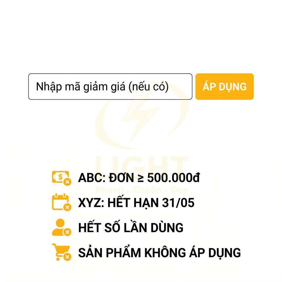 Giao diện nhập mã giảm giá với nút áp dụng và các lý do mã khuyến mãi không sử dụng được