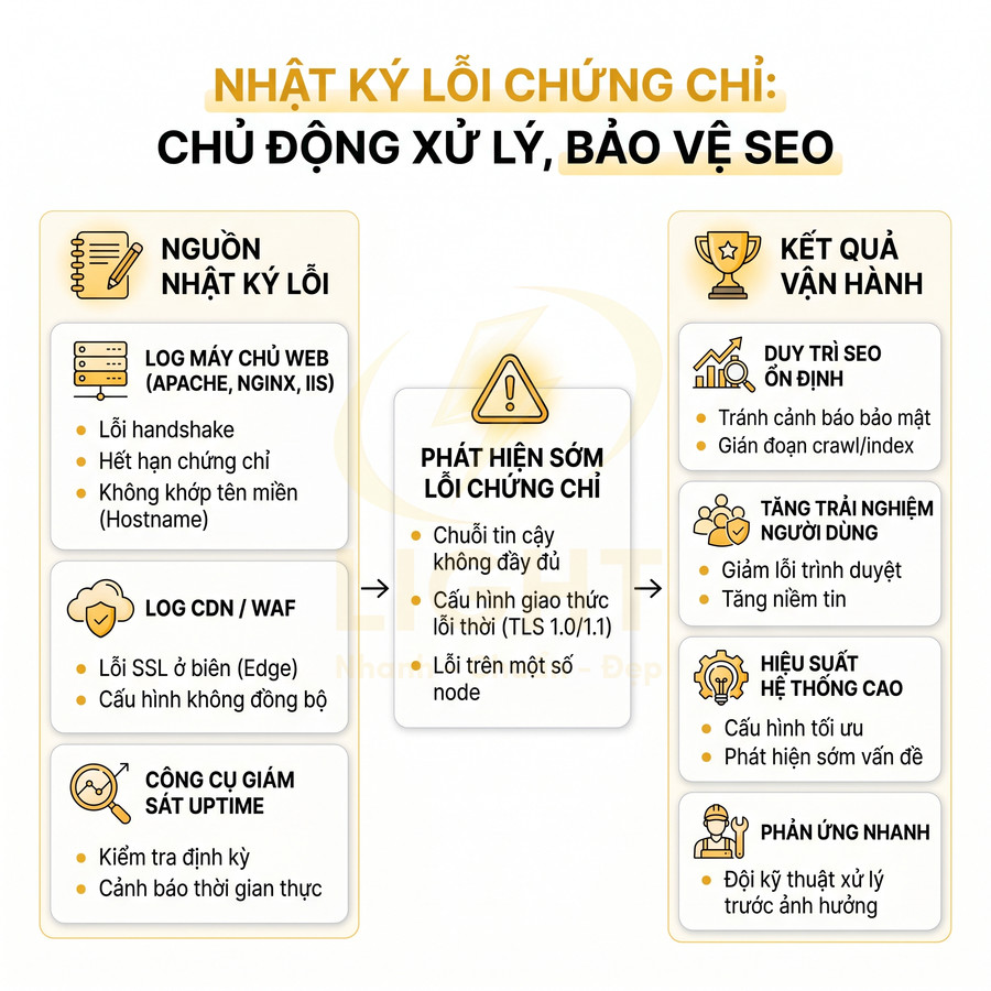 Infographic quy trình phát hiện sớm lỗi chứng chỉ SSL từ log máy chủ để bảo vệ SEO và cải thiện trải nghiệm người dùng