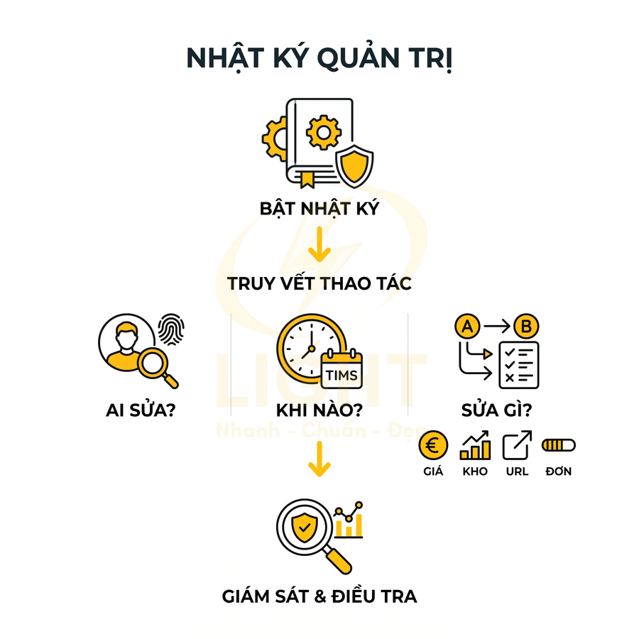Sơ đồ tính năng nhật ký quản trị giúp bật nhật ký, truy vết thao tác, giám sát và điều tra thay đổi dữ liệu