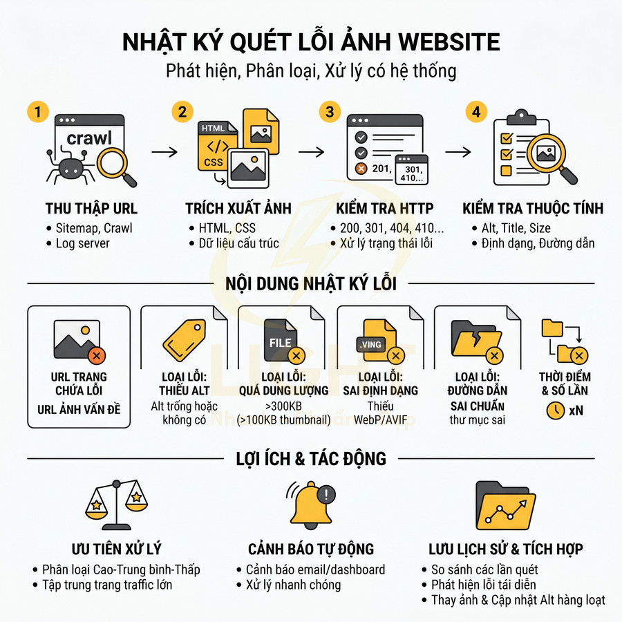 Infographic quy trình quét lỗi hình ảnh website, phân loại lỗi alt, dung lượng, định dạng và đường dẫn ảnh