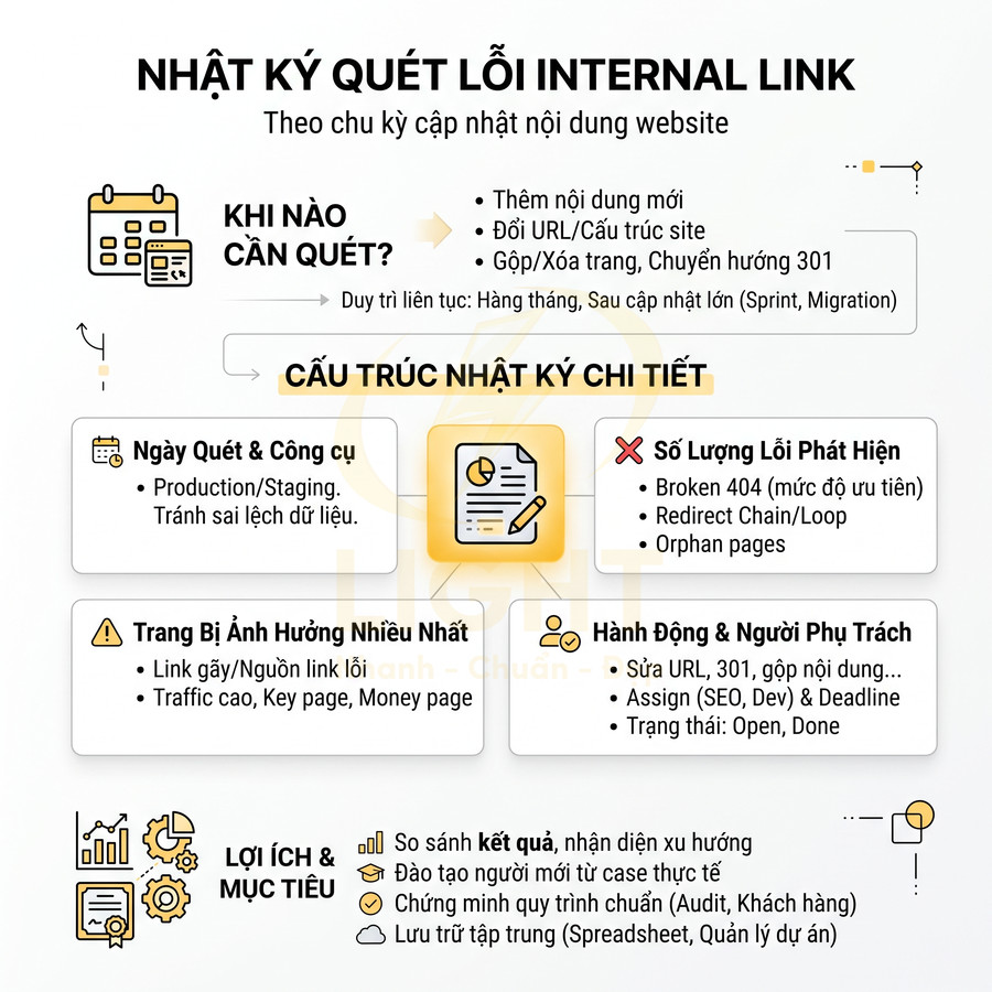 Nhật ký quét lỗi internal link hướng dẫn kiểm tra và xử lý liên kết nội bộ cho website SEO