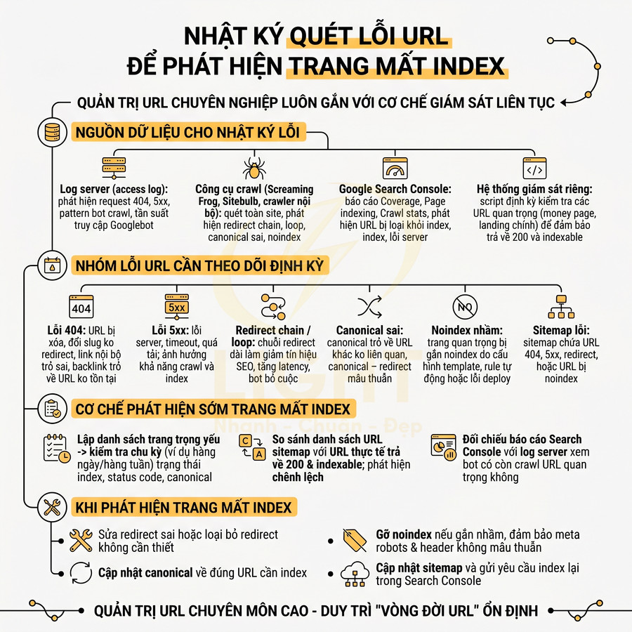 Infographic nhật ký quét lỗi URL phát hiện trang mất index và hướng dẫn quản trị URL chuẩn SEO