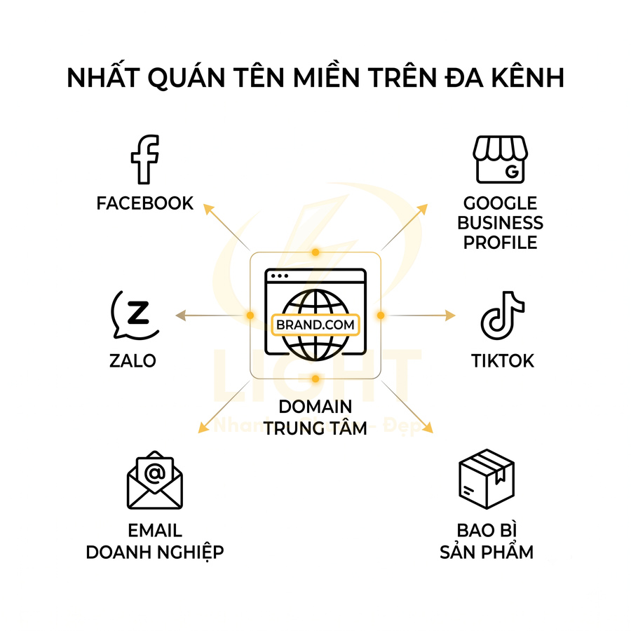 Mô hình domain trung tâm brand.com kết nối Facebook Zalo email doanh nghiệp Google Business Profile TikTok và bao bì sản phẩm