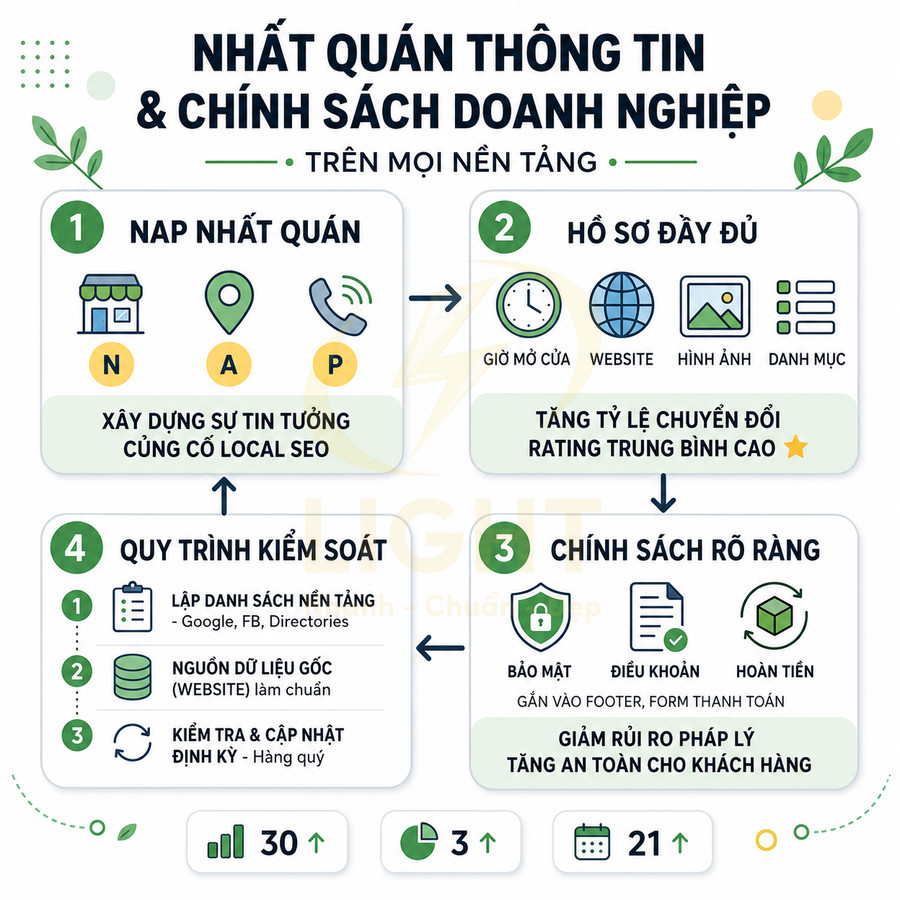 Infographic quy trình chuẩn hóa thông tin và chính sách doanh nghiệp để tăng uy tín và hiệu quả marketing online