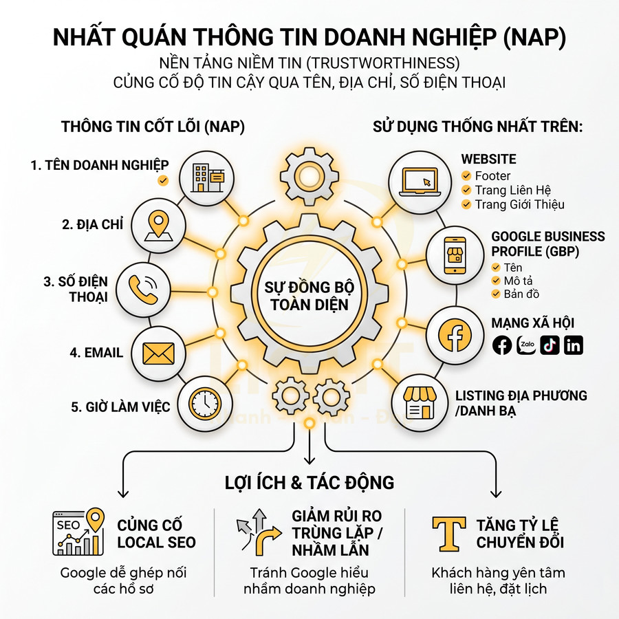 Infographic NAP giải thích cách đồng bộ tên, địa chỉ, số điện thoại doanh nghiệp trên website, mạng xã hội, Google Business
