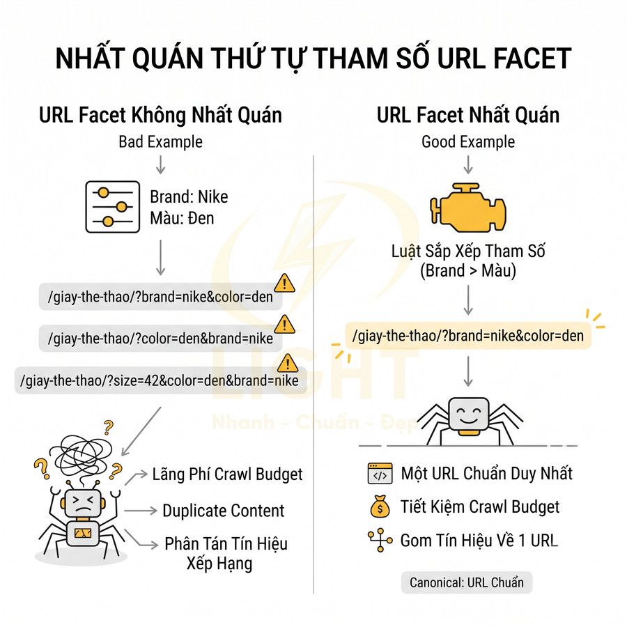 Minh họa cách chuẩn hóa thứ tự tham số URL facet cho giày thể thao Nike để tránh trùng lặp nội dung SEO