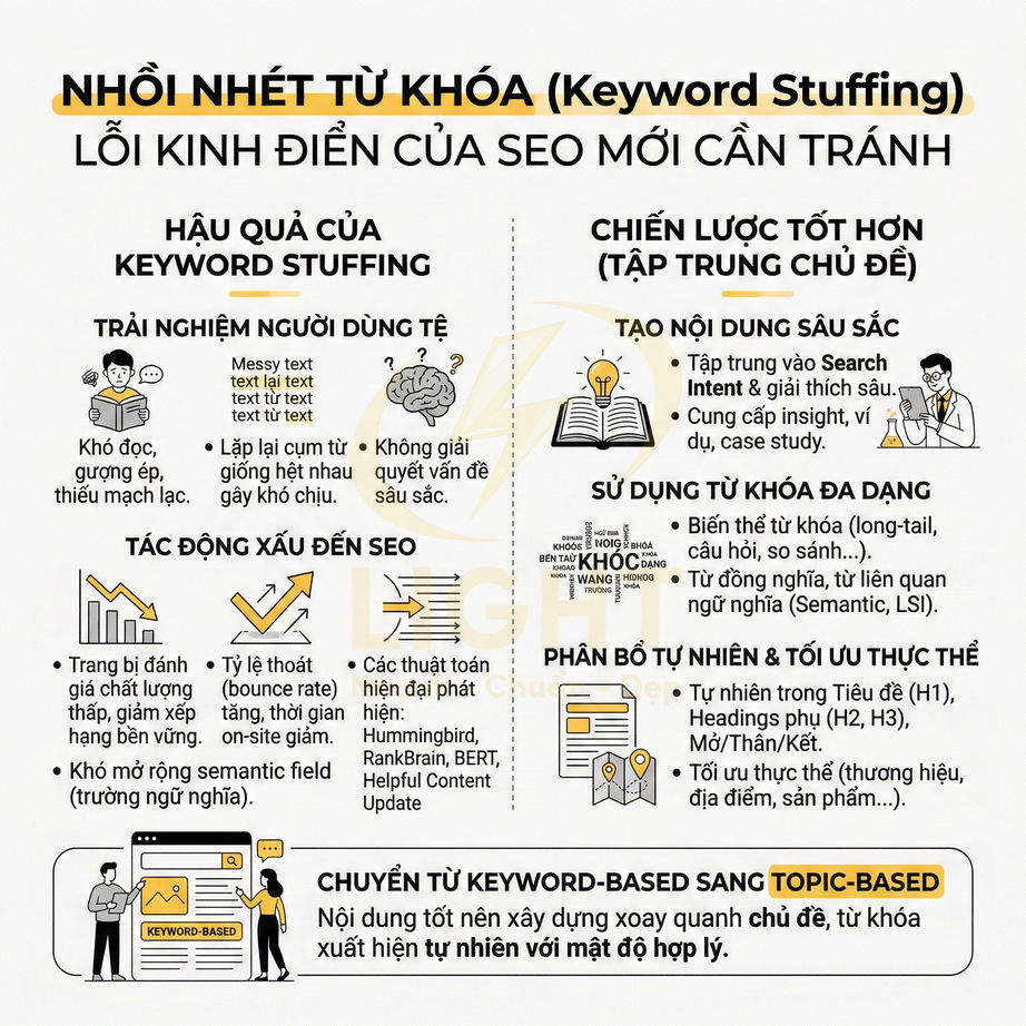 Infographic giải thích nhồi nhét từ khóa trong SEO, hậu quả và chiến lược tối ưu nội dung theo chủ đề