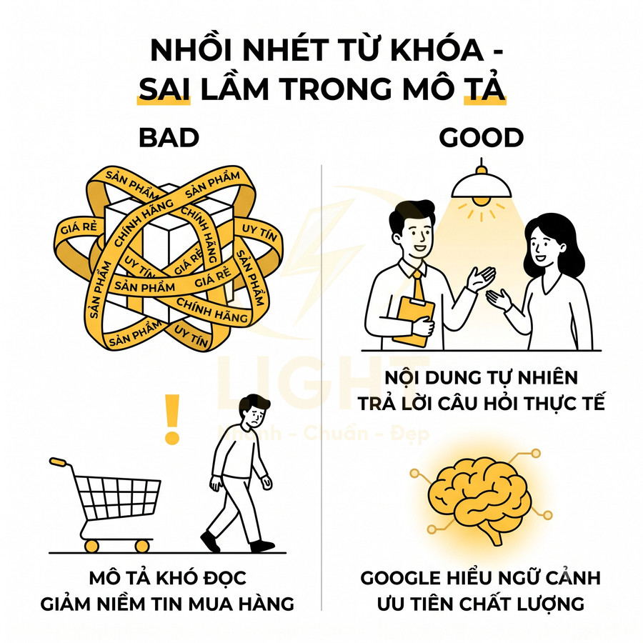 Minh họa so sánh nhồi nhét từ khóa và viết mô tả tự nhiên giúp Google ưu tiên nội dung chất lượng