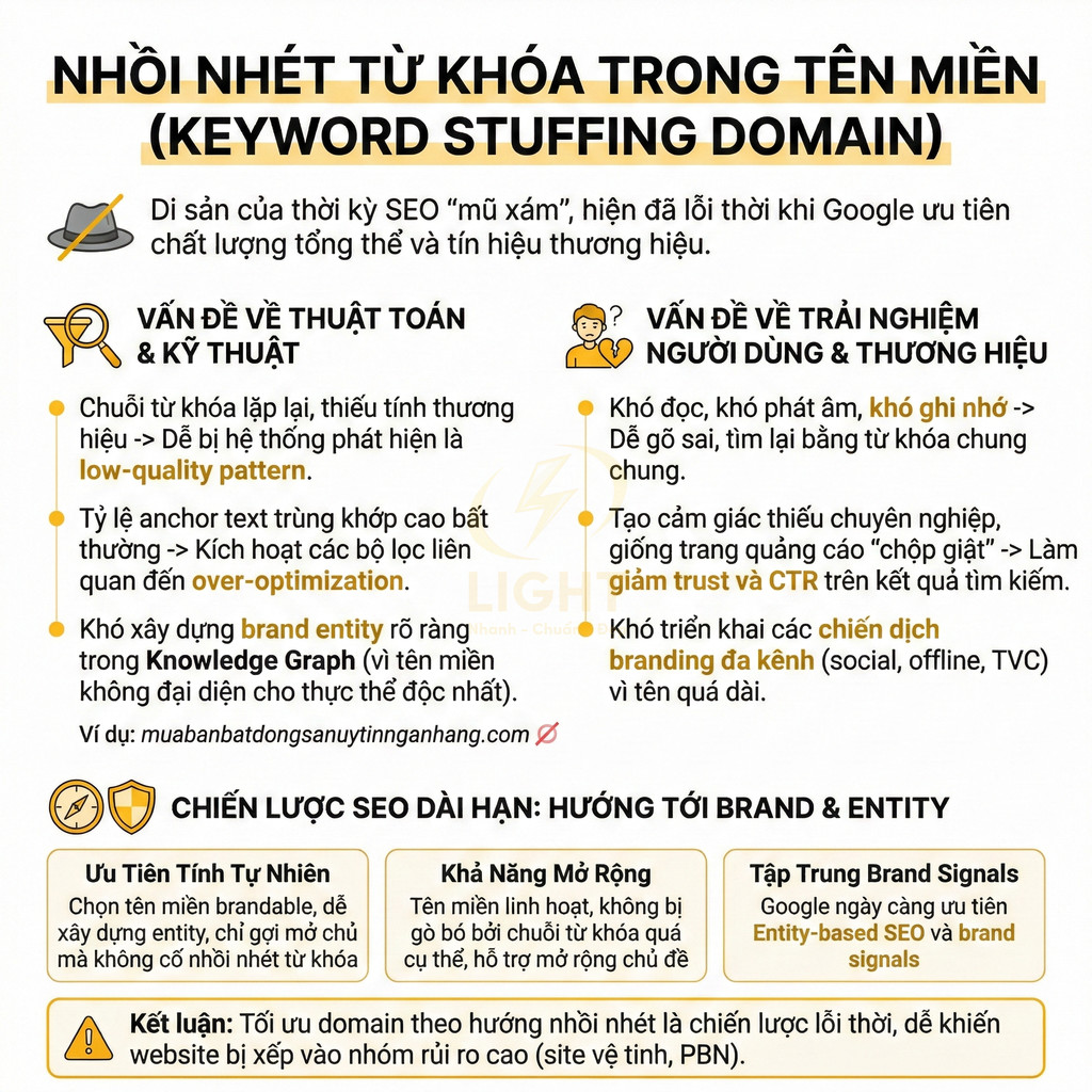 Infographic cảnh báo tác hại nhồi nhét từ khóa trong tên miền và gợi ý chiến lược SEO tập trung brand và entity