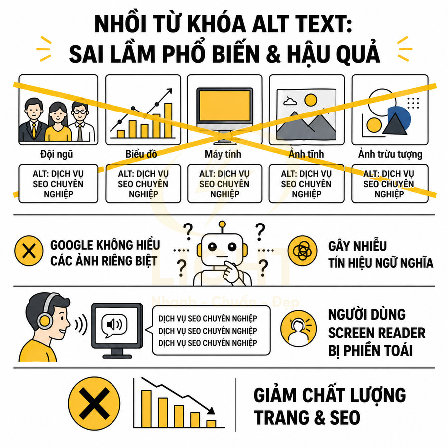 Nhồi từ khóa alt text sai lầm phổ biến và hậu quả đối với chất lượng trang và SEO
