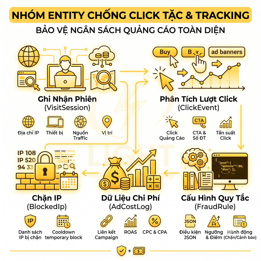 Infographic giải pháp chống click tặc và tracking bảo vệ ngân sách quảng cáo với ghi nhận phiên, chặn IP và dữ liệu chi phí
