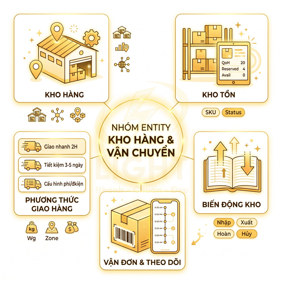 Minh họa quy trình quản lý kho hàng và vận chuyển gồm kho tồn, biến động kho, phương thức giao hàng, vận đơn theo dõi