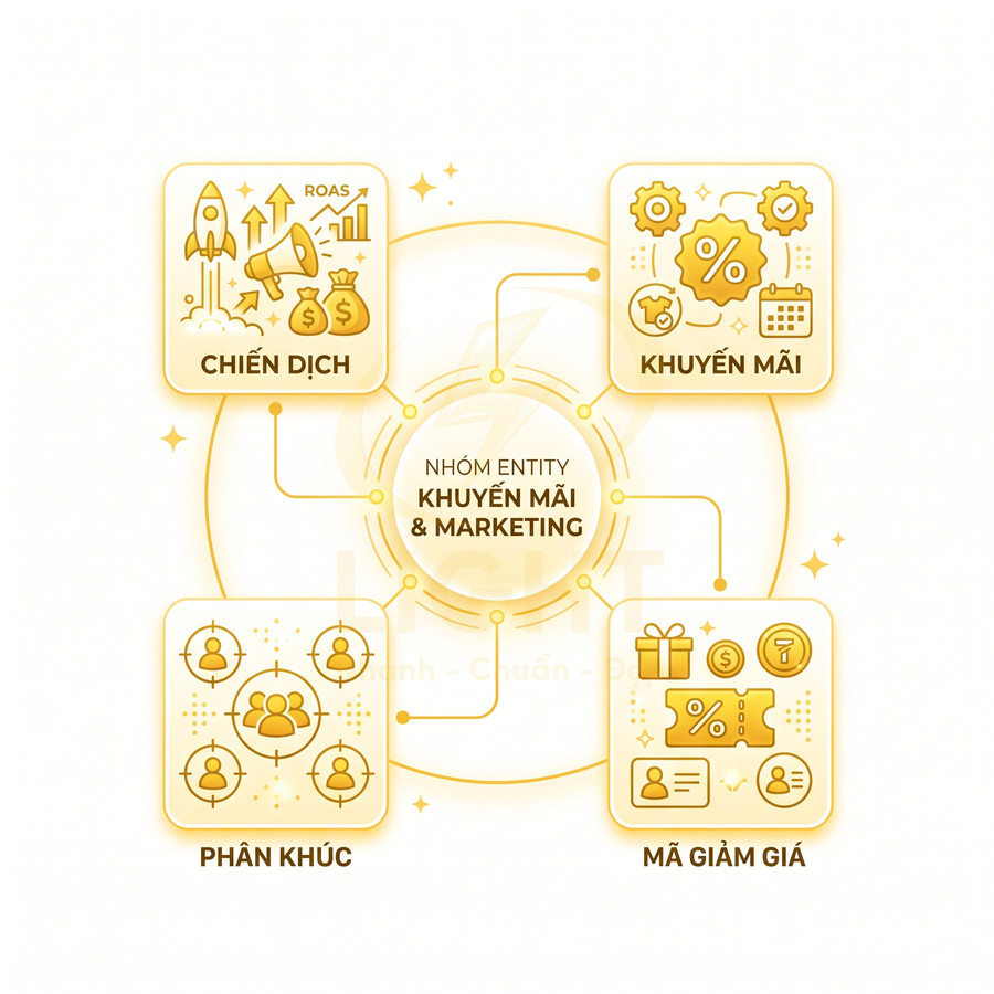 Sơ đồ nhóm entity khuyến mãi marketing gồm chiến dịch, khuyến mãi, phân khúc khách hàng và mã giảm giá