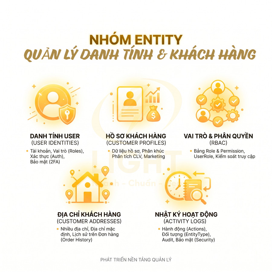 Infographic nhóm entity quản lý danh tính và khách hàng với danh tính user, hồ sơ, địa chỉ, vai trò phân quyền và nhật ký hoạt động