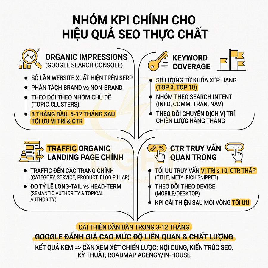 Infographic nhóm KPI chính đánh giá hiệu quả SEO thực chất với organic impressions, keyword coverage, traffic và CTR