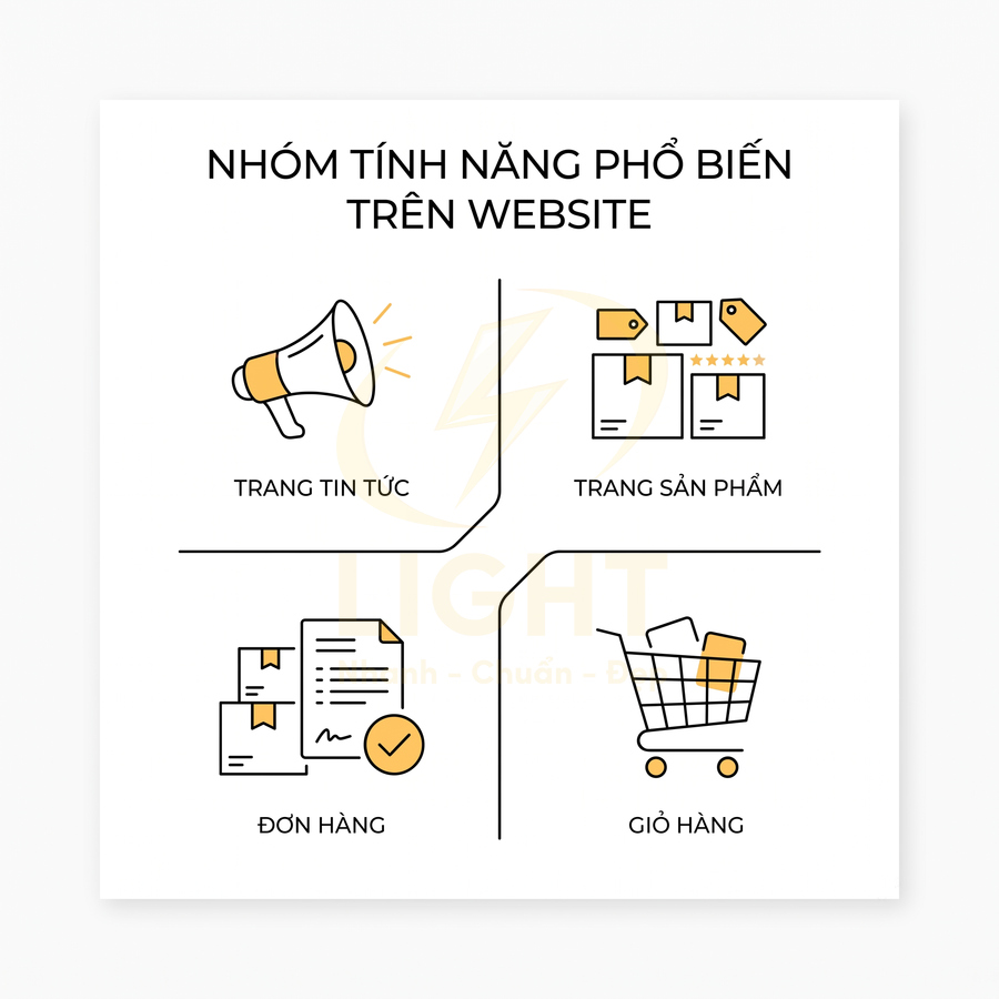 Nhóm tính năng phổ biến trên website gồm trang tin tức, trang sản phẩm, đơn hàng và giỏ hàng minh họa icon