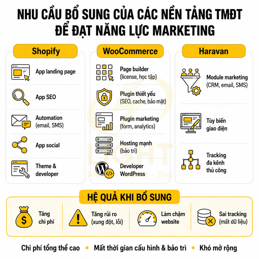 So sánh nhu cầu bổ sung marketing của Shopify, WooCommerce và Haravan và hệ quả khi triển khai