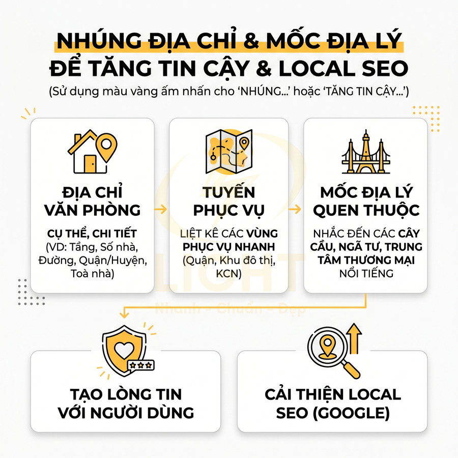 Infographic hướng dẫn nhúng địa chỉ và mốc địa lý trên website để tăng độ tin cậy và cải thiện local SEO