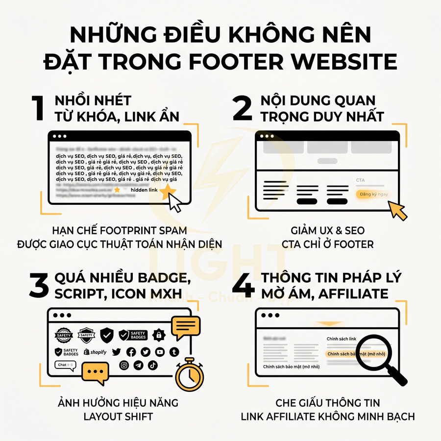 Những điều không nên đặt trong footer website như nhồi nhét từ khóa, CTA duy nhất, quá nhiều badge và link affiliate