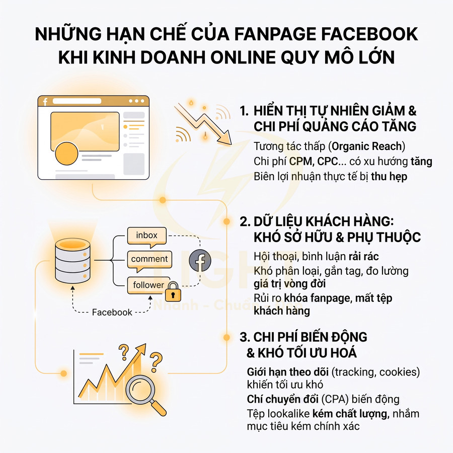 Infographic nêu ba hạn chế của fanpage Facebook khi kinh doanh online quy mô lớn bằng hình minh họa và chữ