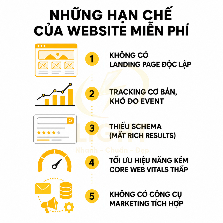 Những hạn chế của website miễn phí về landing page, tracking, schema, hiệu năng và công cụ marketing tích hợp