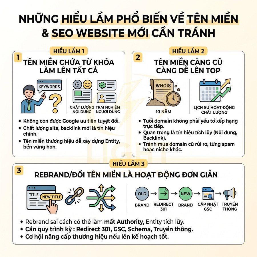 Những hiểu lầm phổ biến về tên miền và SEO website mới cần tránh, giải thích 3 sai lầm chính và cách xử lý