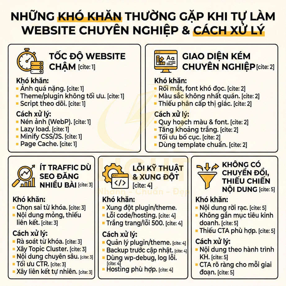 Infographic liệt kê khó khăn khi tự làm website chuyên nghiệp và cách xử lý tối ưu tốc độ, giao diện, SEO, kỹ thuật, chuyển đổi