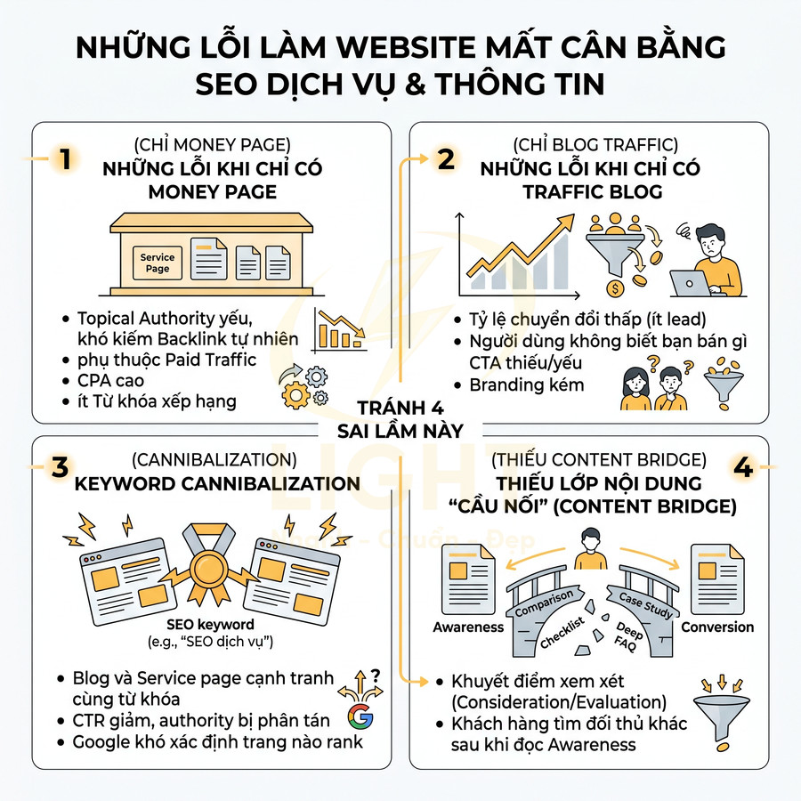 Infographic những lỗi làm website mất cân bằng giữa SEO dịch vụ và SEO thông tin, gồm money page, blog, cannibalization, content bridge