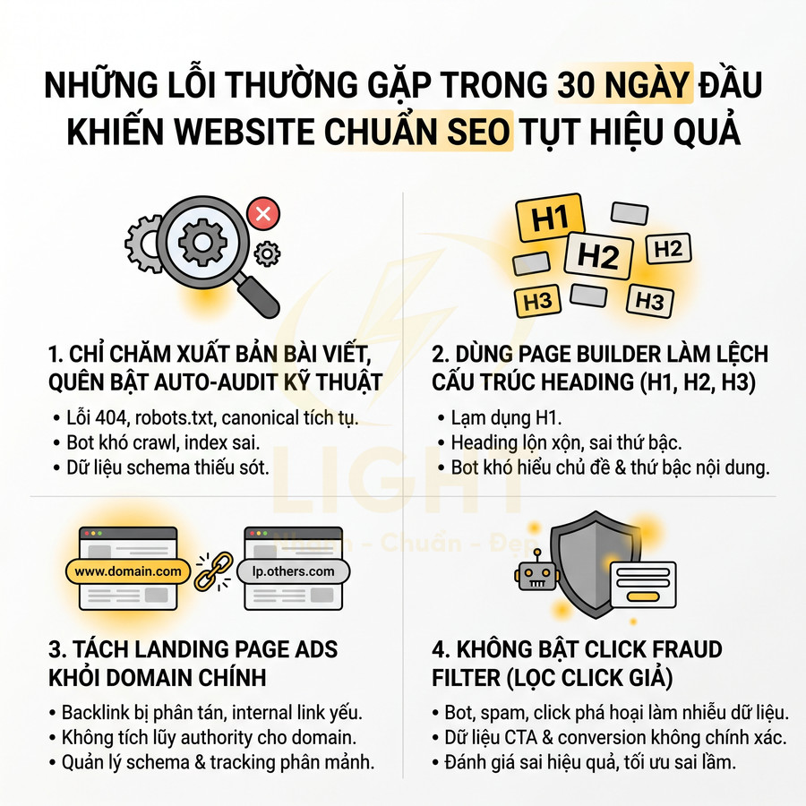 Infographic những lỗi thường gặp trong 30 ngày đầu khiến website chuẩn SEO tụt hiệu quả