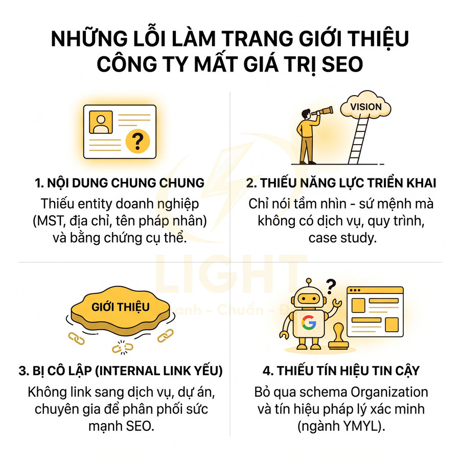 Những lỗi thường gặp khiến trang giới thiệu công ty mất giá trị SEO và cách tối ưu nội dung, internal link, tín hiệu tin cậy