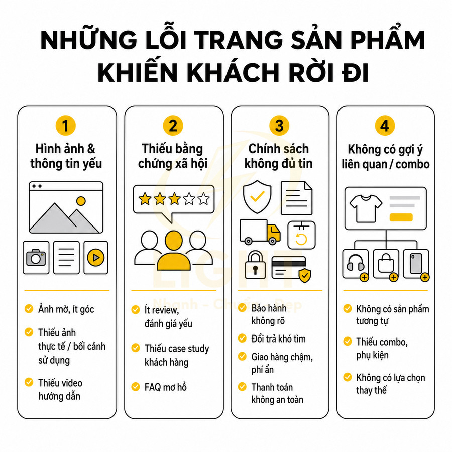 Infographic những lỗi thường gặp trên trang sản phẩm khiến khách rời đi và gợi ý cách tối ưu chuyển đổi