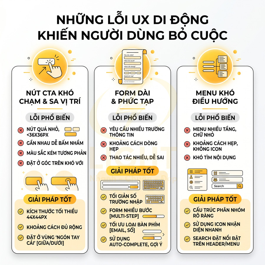 Các lỗi UX di động phổ biến và giải pháp tối ưu cho nút CTA, form và menu điều hướng