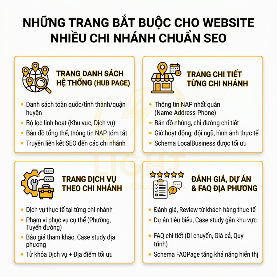 Những trang bắt buộc cho website nhiều chi nhánh chuẩn SEO với danh sách hệ thống, chi nhánh, dịch vụ và đánh giá FAQ