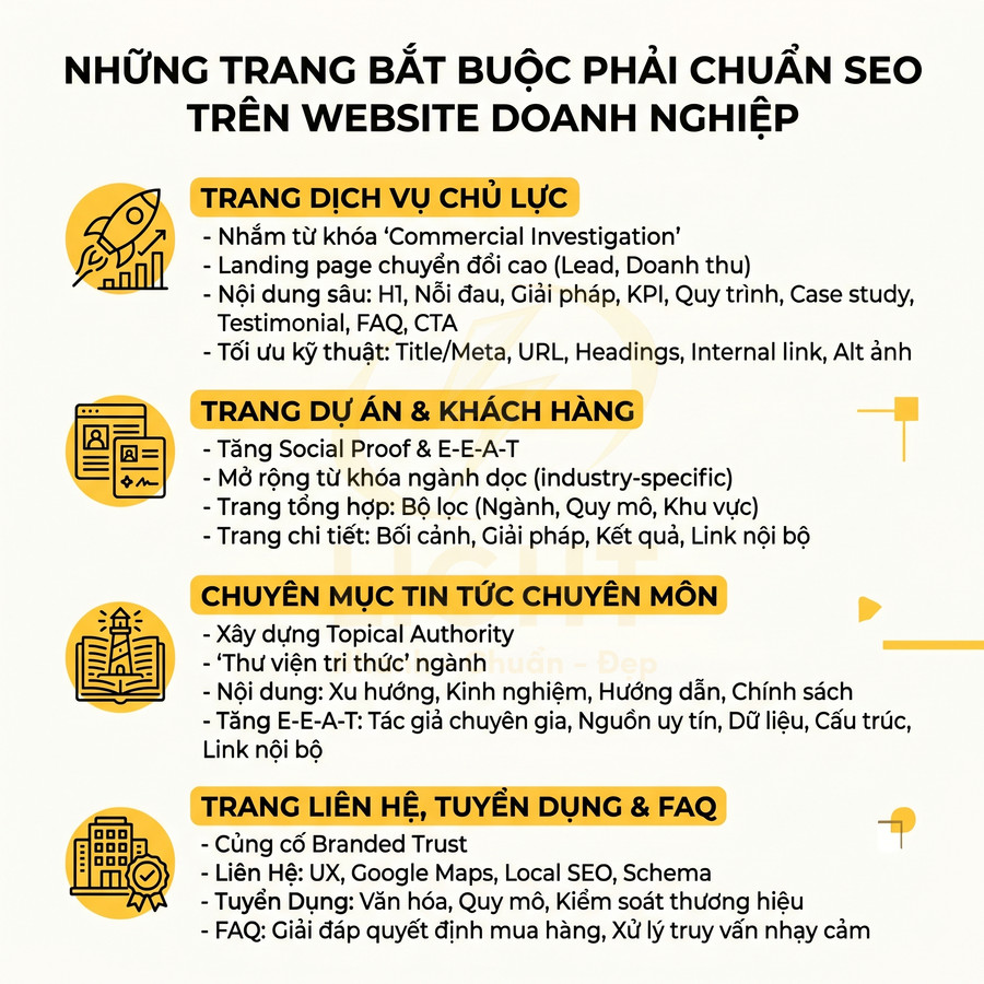 Checklist các trang bắt buộc chuẩn SEO trên website doanh nghiệp với nội dung và gợi ý tối ưu chi tiết