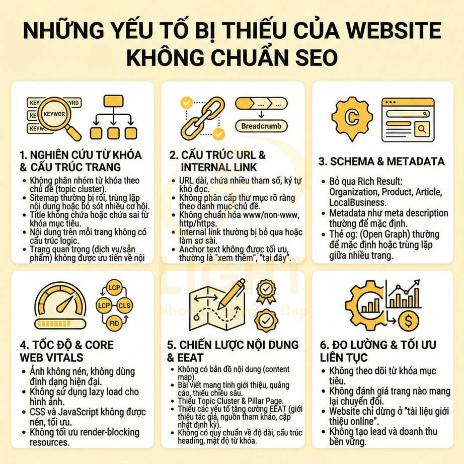 Infographic liệt kê 6 yếu tố website thường thiếu khi không chuẩn SEO và cách tối ưu nội dung, cấu trúc, tốc độ, đo lường
