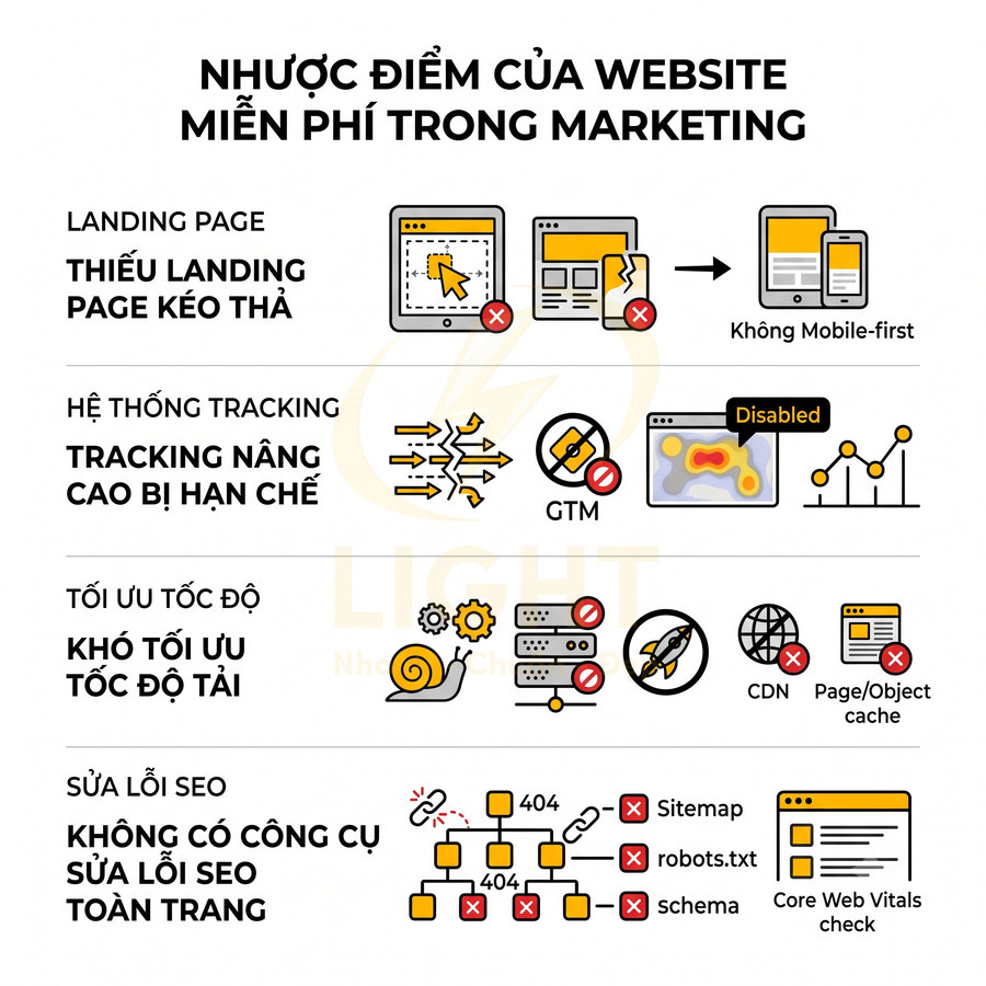 Nhược điểm website miễn phí trong marketing về landing page, tracking, tốc độ tải và thiếu công cụ sửa lỗi SEO toàn trang