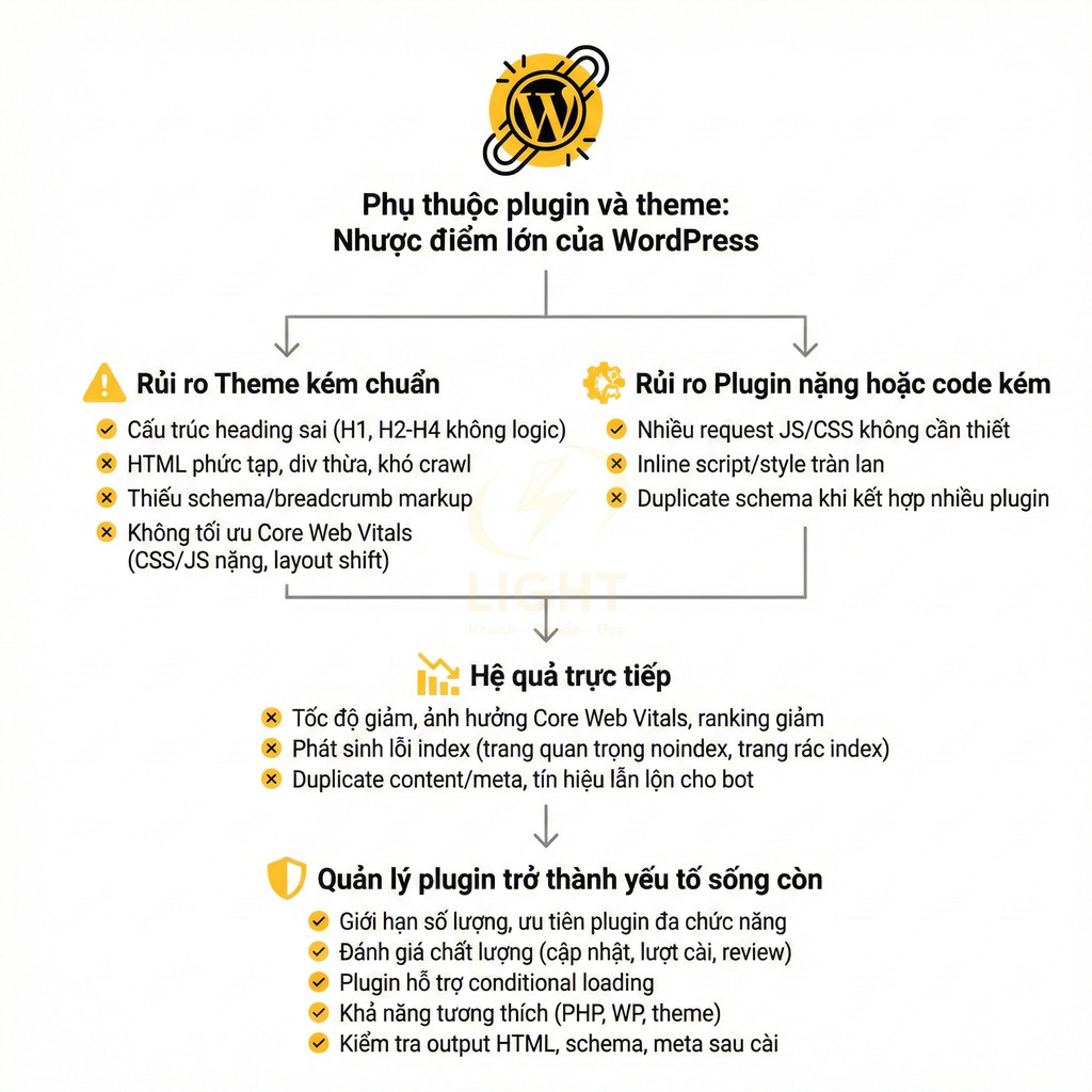 Sơ đồ rủi ro phụ thuộc plugin và theme trong WordPress và cách quản lý plugin tối ưu SEO