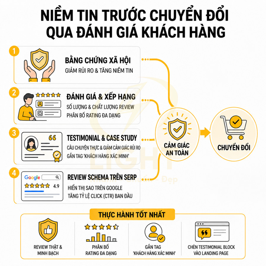 Infographic quy trình xây dựng niềm tin trước chuyển đổi qua đánh giá khách hàng và thực hành tốt nhất