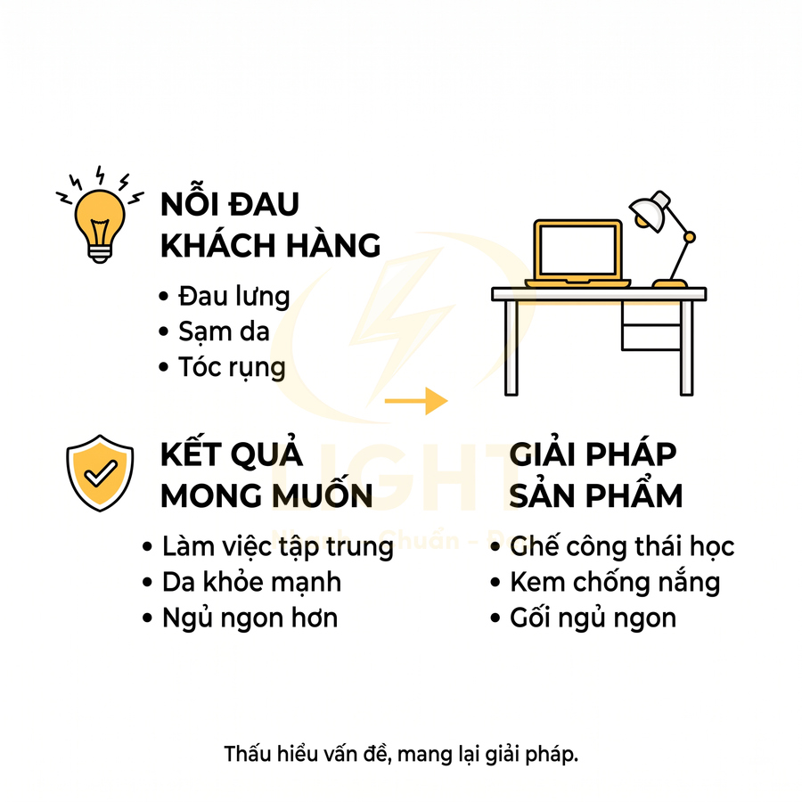 Hình minh họa giải pháp sản phẩm ghế công thái học, kem chống nắng, gối ngủ ngon cho dân văn phòng
