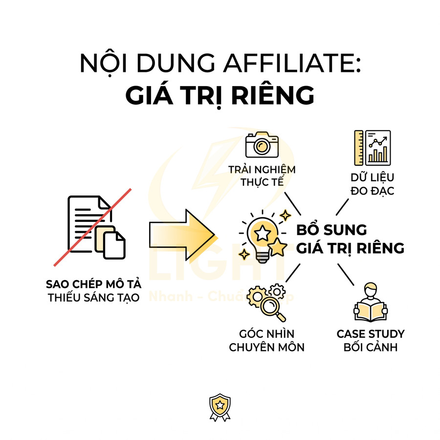 Minh họa nội dung affiliate nhấn mạnh bổ sung giá trị riêng thay vì sao chép mô tả thiếu sáng tạo