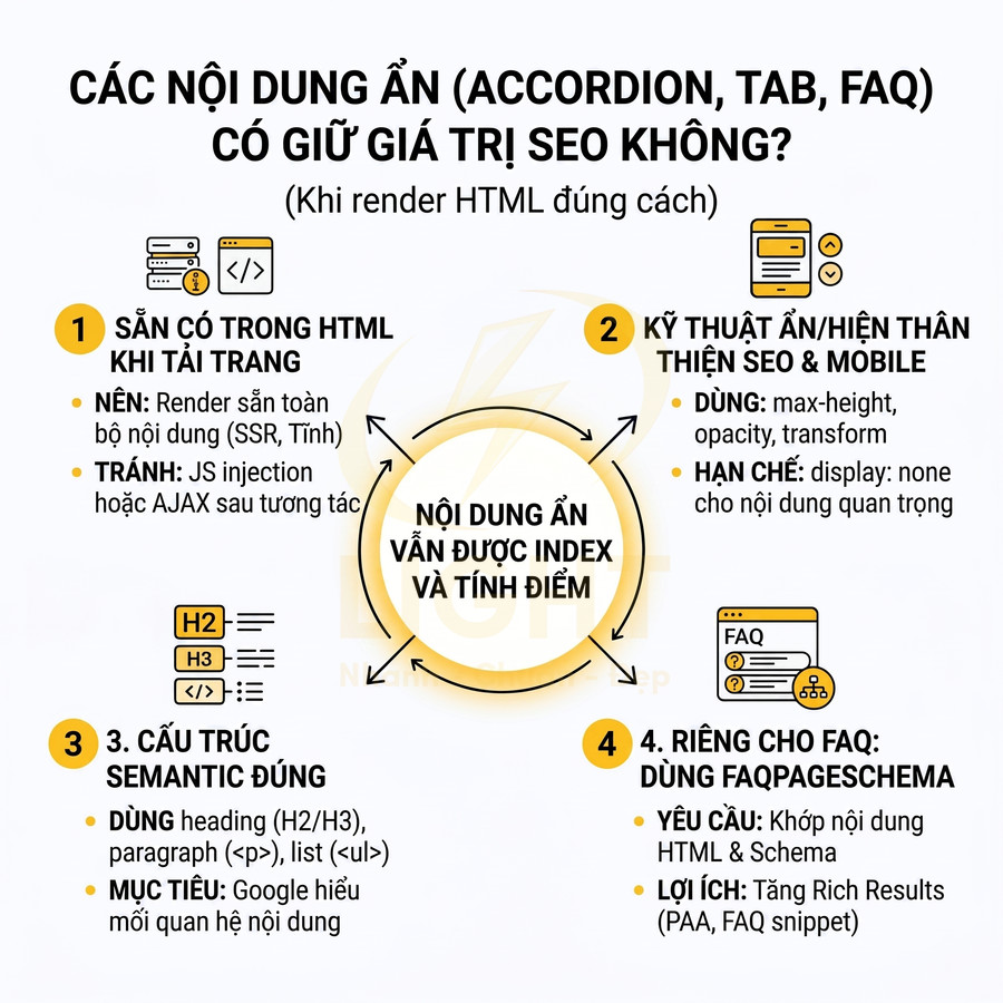 Infographic hướng dẫn tối ưu nội dung ẩn accordion tab FAQ để vẫn được index và giữ giá trị SEO