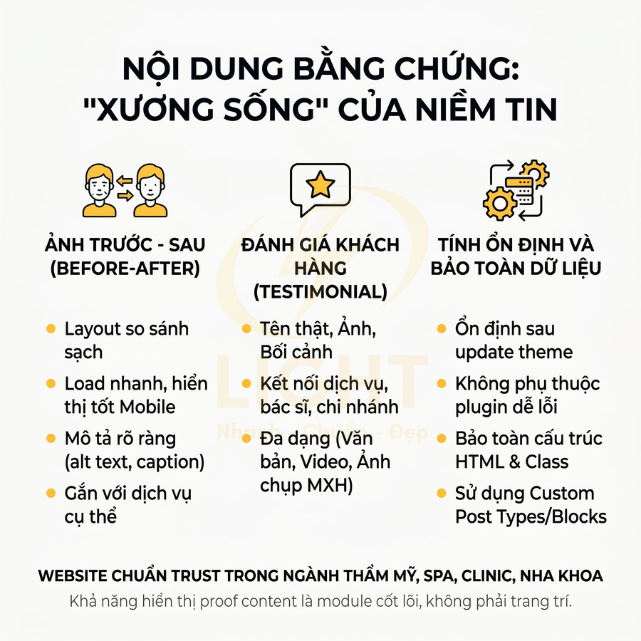 Infographic nội dung bằng chứng xương sống của niềm tin cho website chuẩn trust ngành thẩm mỹ spa clinic nha khoa