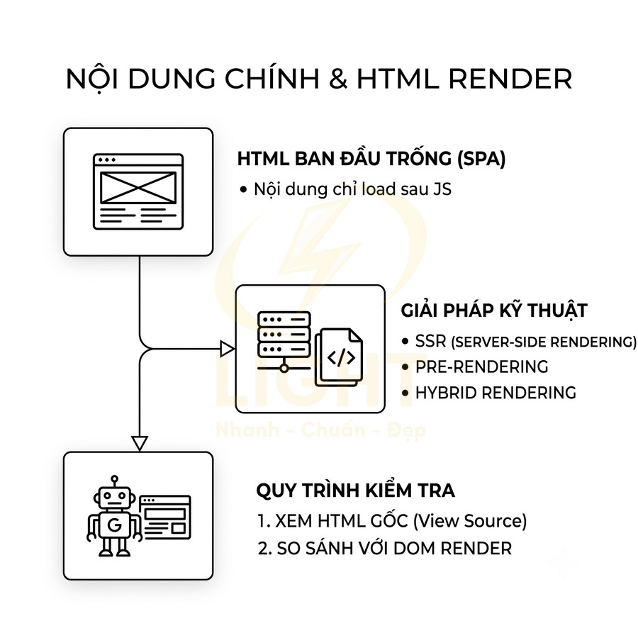 Sơ đồ quy trình HTML render với SSR pre rendering hybrid rendering và bước kiểm tra HTML gốc so với DOM