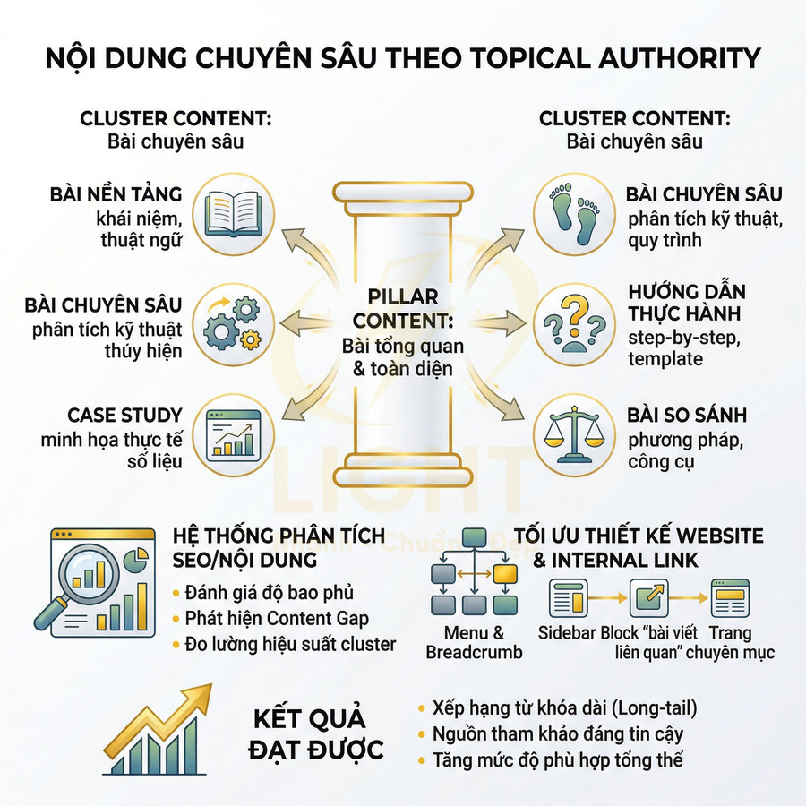 Mô hình nội dung chuyên sâu theo topical authority với pillar content, cluster content và các loại bài viết SEO