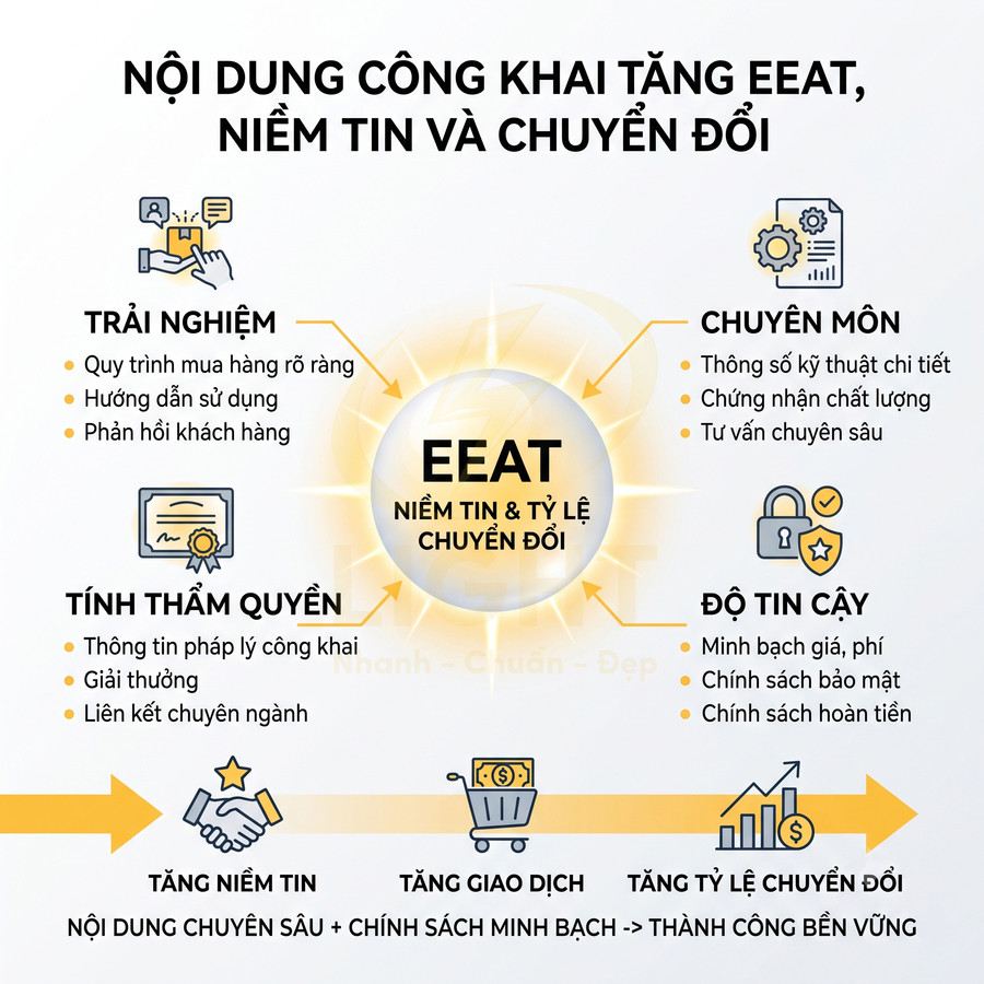 Nội dung marketing giải thích EEAT với trải nghiệm, chuyên môn, thẩm quyền, độ tin cậy giúp tăng niềm tin và chuyển đổi